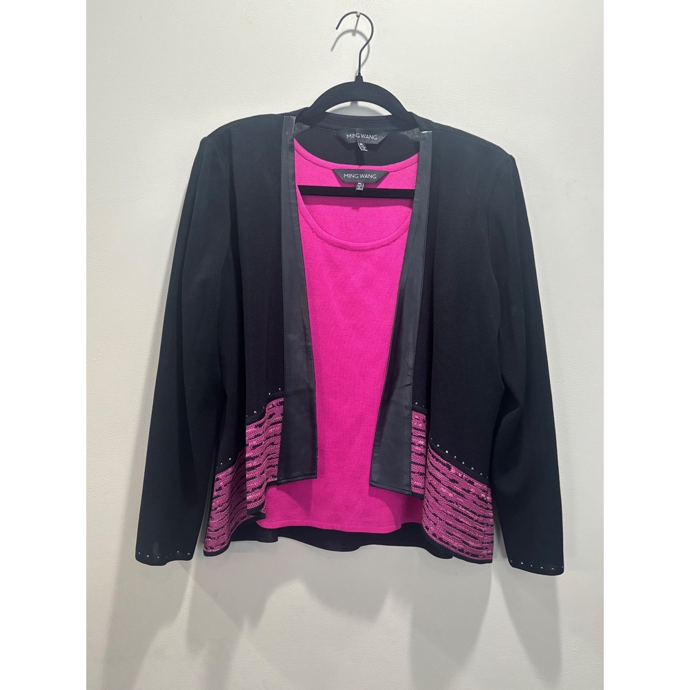 Ming Wang Knit Jacket Set Petite Large Pink Tank Black Trim Embellished